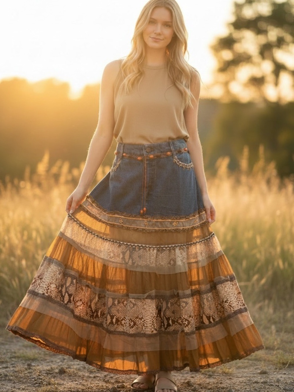 VTG PARADISE NY BOHO FESTIVAL MAXI SKIRT W DENIM YOKE & SHEER TIERS & SNAKESKIN